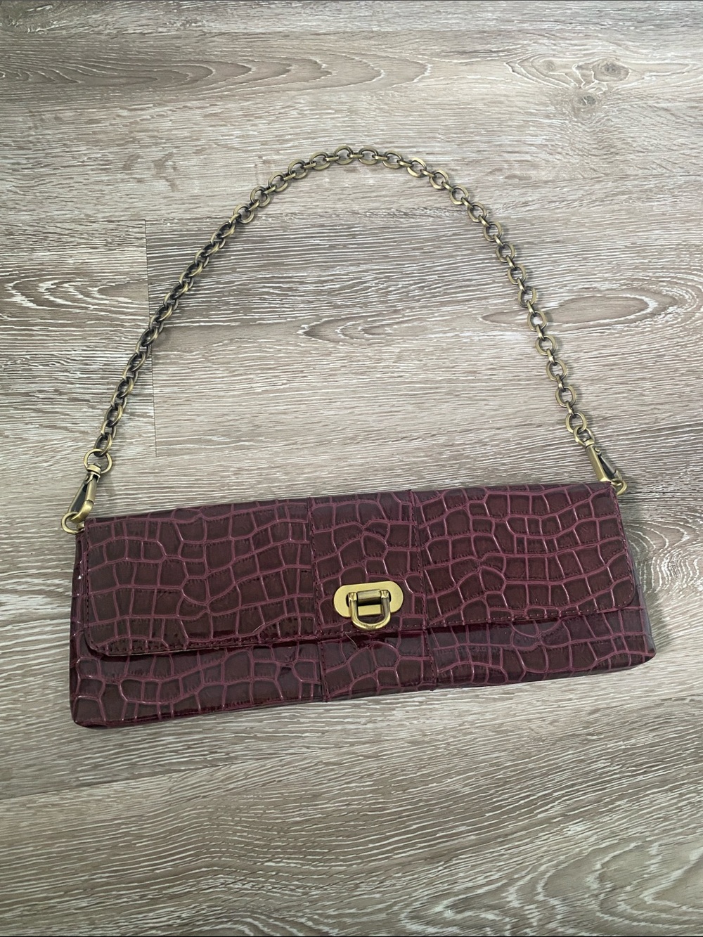 Nine West Burgundy Croc-Embossed Chain Shoulder Clutch